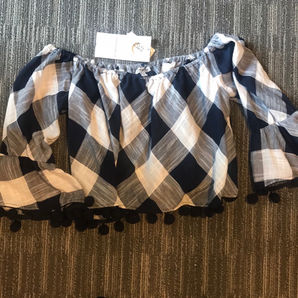 NWT off the shoulder pom pom shirt